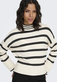 Cream and black striped sweater with a high neck, ribbed texture, wide sleeves, and fitted hem. Features bold horizontal stripes.