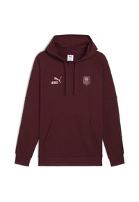 Felpa bordeaux con tasca a marsupio, cappuccio regolabile con cordino e logo ricamato. Presenta strisce decorative ai lati e polsini a costine.