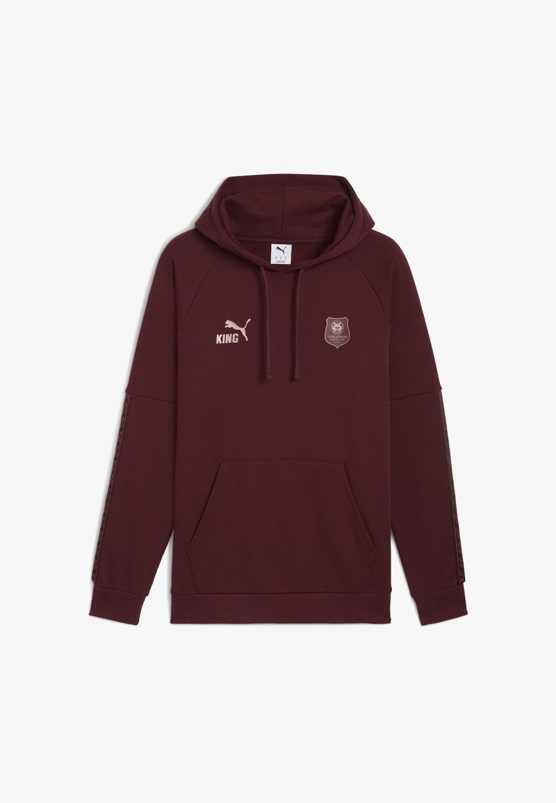 Burgunderfarbener Hoodie mit Kängurutasche, Kapuze mit Kordelzug und gesticktem Logo. Verfügt über dekorative Seitenstreifen und gerippte Bündchen.