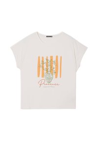 T-shirt crème à manches courtes, présentant un graphique de vase vert, des rayures verticales orange et le texte "Provence Chemin de l’Olivier."
