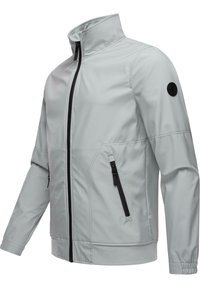 Light gray jacket featuring a high collar, black zipper, two zippered side pockets, and ribbed cuffs with a textured fabric finish.
