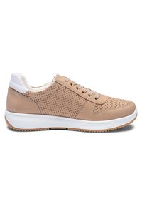 Beige perforated leather sneaker with white padded heel collar, lace-up front, and white sole with light brown tread.