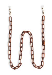 Ruskea akryyliketju, jossa on suuria, toisiinsa kytkettyjä soikeita muotoja. Viimeistelty kultaisilla kiinnikkeillä ja läpinäkyvillä kumipäädyillä kiinnitystä varten.