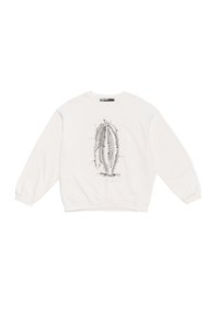 Sudadera blanca con escote redondo y mangas largas, que presenta un gráfico de cactus en negro y gris con detalles de salpicaduras en la parte delantera.