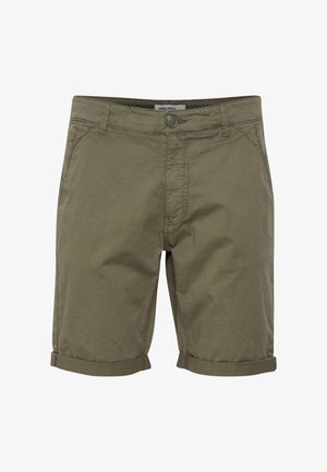 Olivgrüne Shorts aus Baumwolle mit einer glatten Textur, ausgestattet mit einem Knopfverschluss, aufgerolltem Saum und seitlichen Taschen.