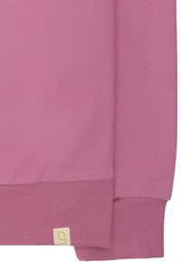 Felpa rosa chiaro con maniche lunghe, polsini a costine e un piccolo etichetta con logo sull'orlo. Texture liscia e design casual.