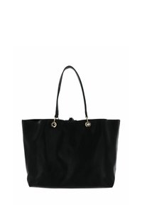 Borsa tote nera con texture liscia, doppi manici e dettagli in metallo dorato. Design semplice e strutturato con apertura superiore senza chiusura.