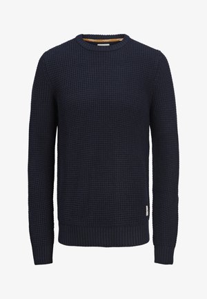 Pull à col rond à manches longues en maille bleu marine avec motif gaufré texturé et poignets et ourlet côtelés.