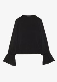 Maglietta nera a maniche lunghe con polsini svasati, texture morbida e vestibilità rilassata, con un semplice collo rotondo.