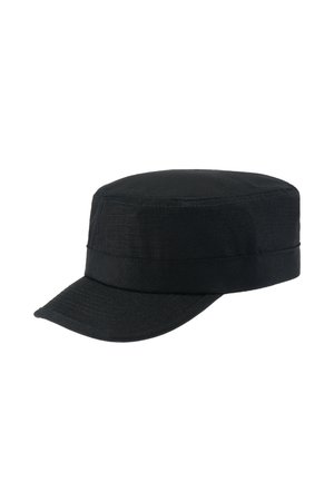 Casquette noire de style militaire avec dessus plat et petite visière courbée, en tissu texturé.