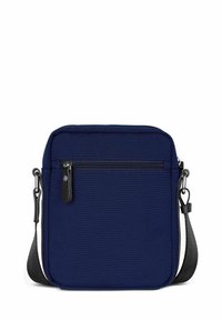 Borsa a tracolla blu navy realizzata in tessuto testurizzato, con una tasca frontale con zip, tracolla regolabile e design quadrato minimalista.