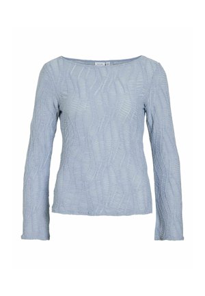 Långärmad ljusblå topp med en texturerad, vågig mönster, rundad halsringning och figurnära silhuett, tillverkad av ett mjukt, elastiskt material.