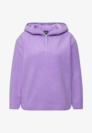 Lila Fleece-Pullover mit Kapuze, ausgestattet mit einem halben Reißverschluss vorne, strukturiertem Stoff und lockerer Passform. Glatte Innenfutter.
