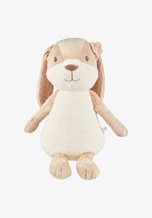 Stuffed rabbit with beige and cream fur, pink floral-patterned ears, and a flower accent on the ear. Soft texture and round features.