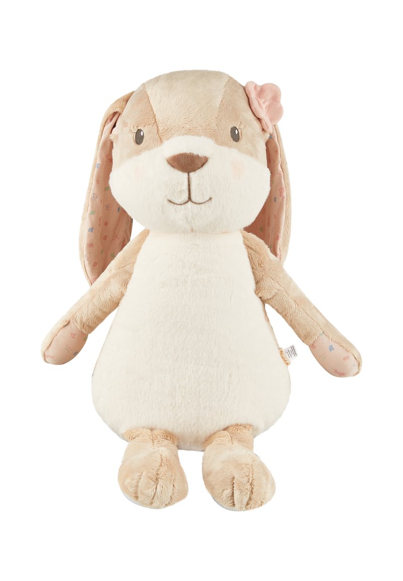 Stuffed rabbit with beige and cream fur, pink floral-patterned ears, and a flower accent on the ear. Soft texture and round features.