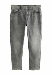Gray denim jeans with a regular fit. Features include five pockets, a button and zipper closure, and light fading on the fabric.