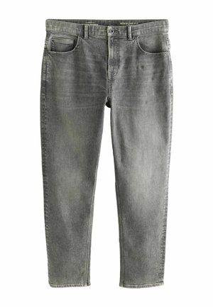 Graue Denim-Jeans mit einer regulären Passform. Zu den Merkmalen gehören fünf Taschen, ein Knopf- und Reißverschluss sowie leichte Verblassungen im Stoff.