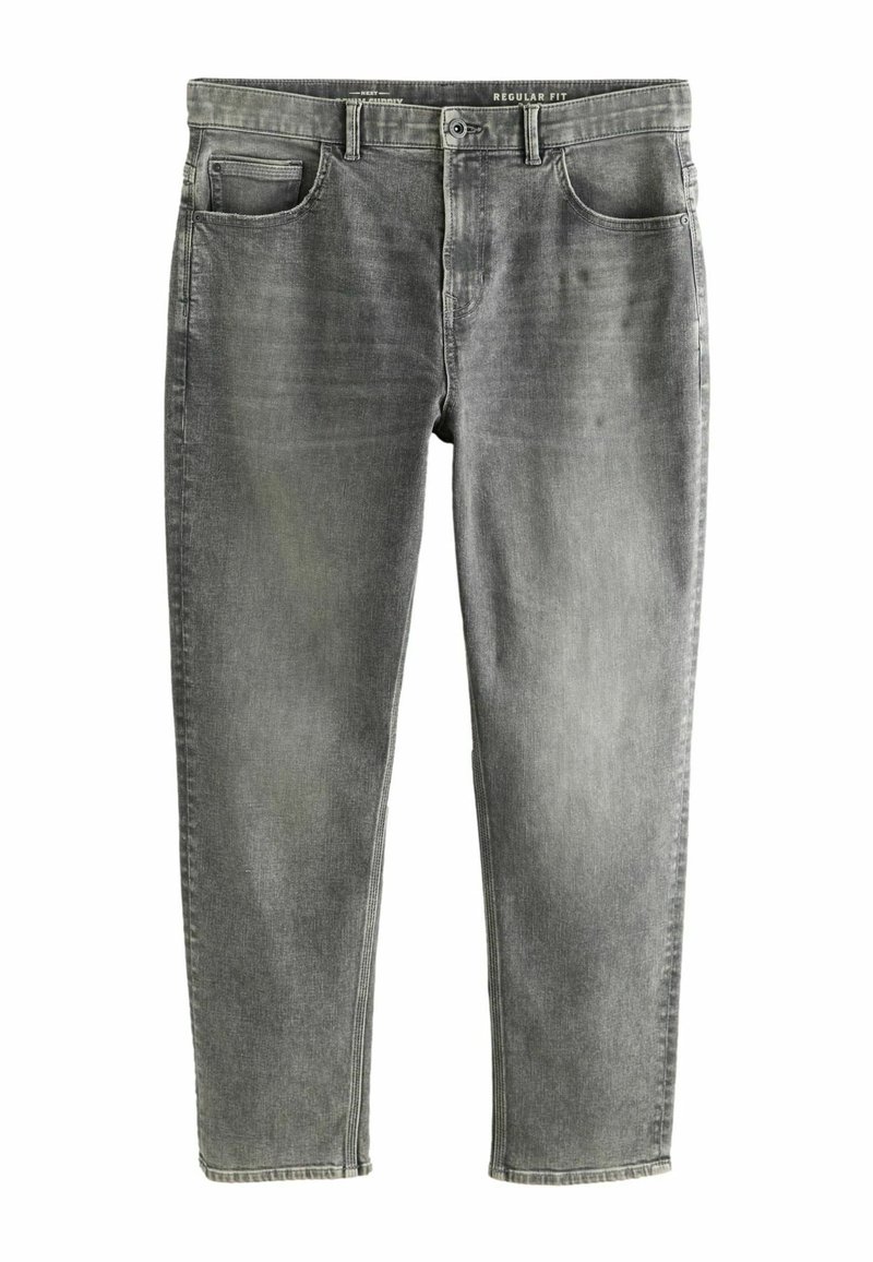 Gray denim jeans with a regular fit. Features include five pockets, a button and zipper closure, and light fading on the fabric.