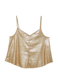 Goldfarbene Pailletten-Camisole mit dünnen Trägern, V-Ausschnitt und lockerer Passform; verfügt über eine glänzende, strukturierte Oberfläche und eine zentrale Nahtdetail.