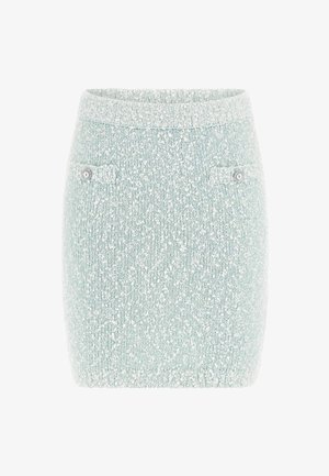 Light blue textured knit skirt with a subtle pattern, featuring two front pockets with button accents on each side.
