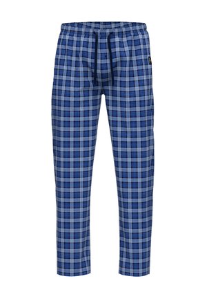 Pantalones de cuadros azules con cintura elástica y cordón, que presentan un patrón a cuadros en varias tonalidades de azul y blanco.