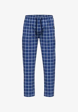 Blauwe geruite broek met een elastische tailleband en trekkoord, met een ruitpatroon in verschillende tinten blauw en wit.