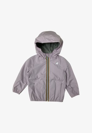 Giacca per bambini di colore viola chiaro con cappuccio, dotata di zip frontale con una striscia multicolore, tasche laterali e polsini elasticizzati.