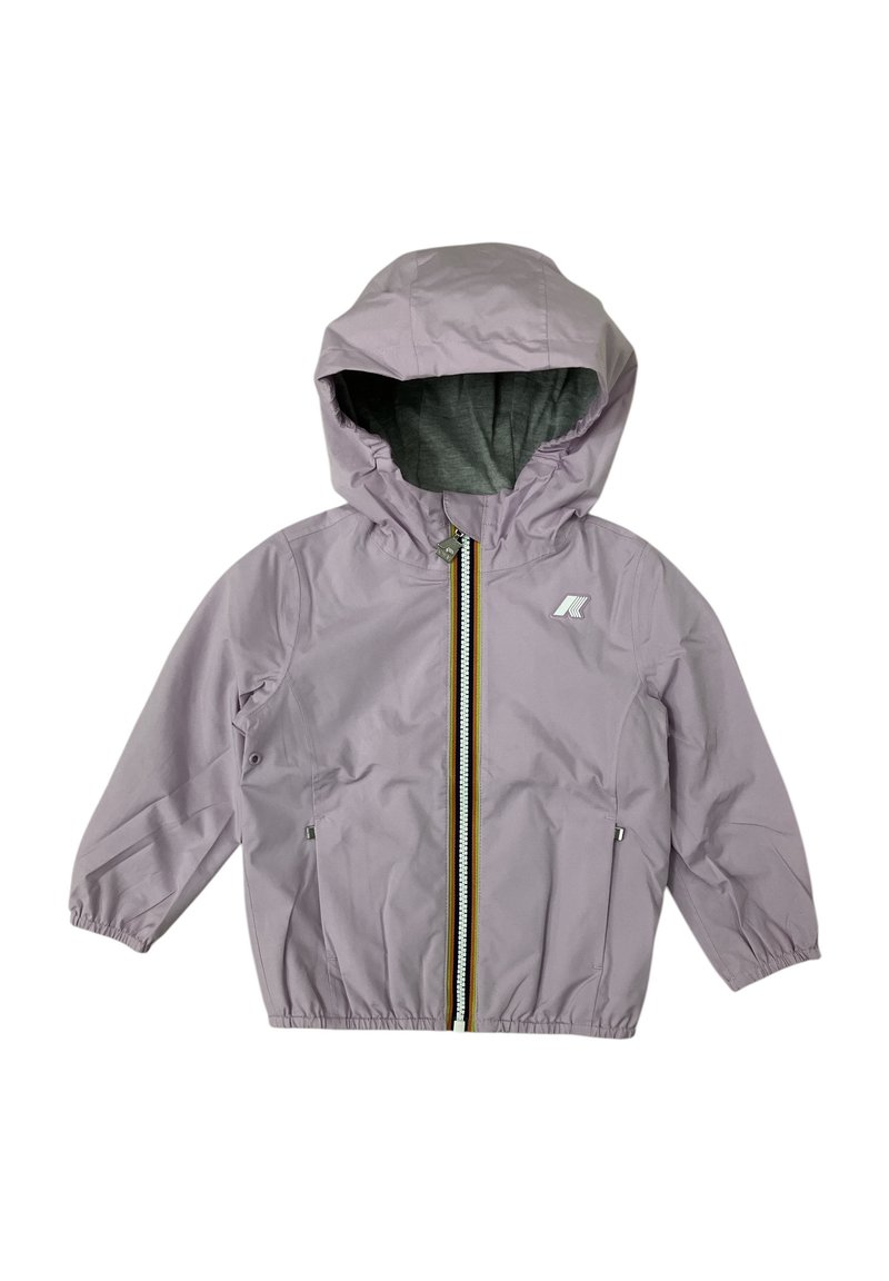 Giacca per bambini di colore viola chiaro con cappuccio, dotata di zip frontale con una striscia multicolore, tasche laterali e polsini elasticizzati.