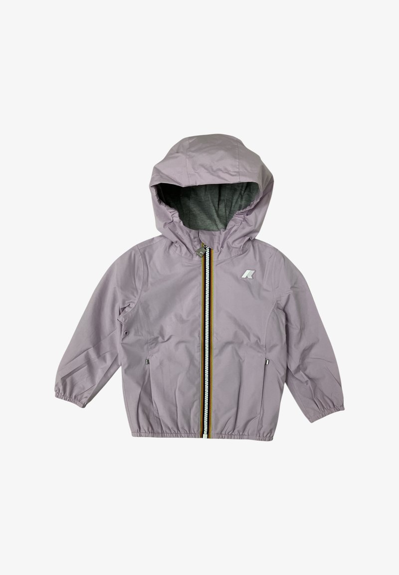 Giacca per bambini di colore viola chiaro con cappuccio, dotata di zip frontale con una striscia multicolore, tasche laterali e polsini elasticizzati.