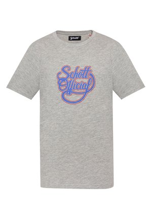 Grijs katoenen T-shirt met korte mouwen met "Schott Official" in blauwe en rode cursief, gecentreerd op de voorkant.