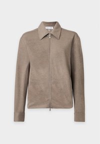Veste marron à manches longues zippée avec col, ourlet droit et poignets sur fond uni.