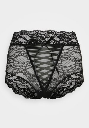 Schwarze Spitzen-Hüfthöschen mit filigranen Blumenmustern, ausgeschnittenen Details und Bänderchen an der Vorderseite. Mit gewellten Kanten.