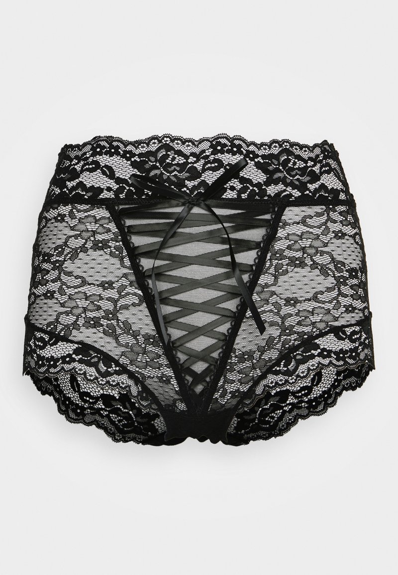 Schwarze Spitzen-Hüfthöschen mit filigranen Blumenmustern, ausgeschnittenen Details und Bänderchen an der Vorderseite. Mit gewellten Kanten.