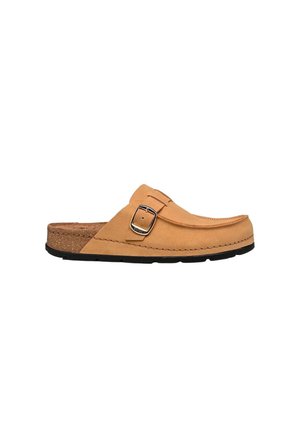 Zapato sin cordones marrón claro con tira negra de hebilla, plantilla de corcho y suela negra, mostrado en perfil lateral sobre fondo blanco.