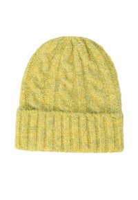 Kötött sapka világ sárgában, bordás mandzsettával és textúrált mintával, puha gyapjú keverékből készült. Kerek alakú, szoros illeszkedésű.