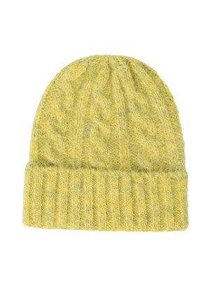 Neulepipo vaaleankeltaisena, jossa on ribbineulereuna ja kuvioitu pinta, valmistettu pehmeästä villasekoitteesta. Pyöreä muoto tiukasti istuvana.