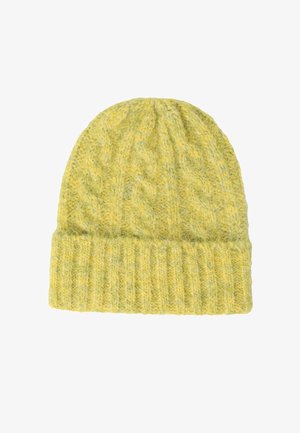 Bonnet en tricot de couleur jaune clair avec un revers côtelé et un motif texturé, fabriqué en mélange de laine douce. Forme ronde avec un ajustement serré.
