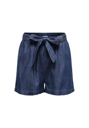 Shorts en denim de couleur bleu foncé, coupe décontractée, taille élastique avec lien en tissu et détail de couture roulée.