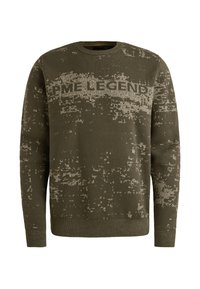 Olijfgroene trui met een gestructureerd patroon en het logo "PME LEGEND" op de borst. Ribbelboord bij de halslijn, mouwen en onderkant. Gebreid materiaal.
