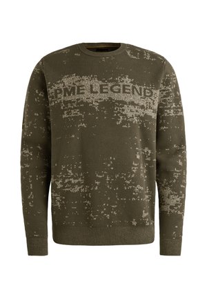 Oliwkowy sweter z teksturowanym wzorem i logo "PME LEGEND" na piersi. Żebra przy dekolcie, mankietach i dole. Wykonany z dzianiny.