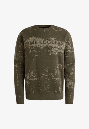 Olijfgroene trui met een gestructureerd patroon en het logo "PME LEGEND" op de borst. Ribbelboord bij de halslijn, mouwen en onderkant. Gebreid materiaal.