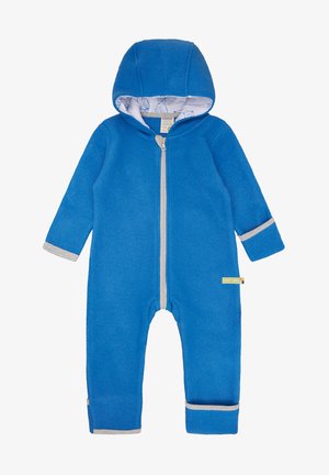 Blauer Fleece-Overall mit Kapuze, Frontreißverschluss, grauen Akzenten an den Ärmeln und am Saum sowie einem hellgemusterten Innenfutter.