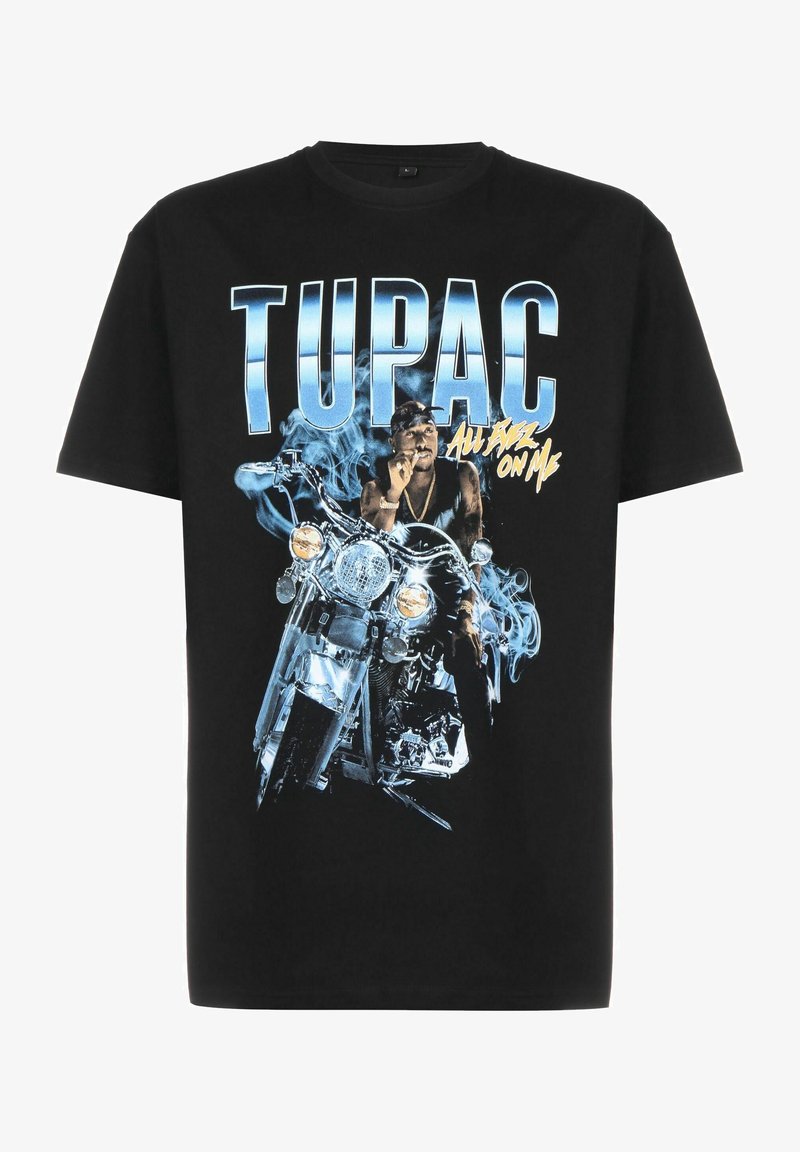 Black cotton t-shirt featuring a graphic of a motorcycle with a figure, overlayed with blue and white text reading "TUPAC" and "All Eyez On Me."