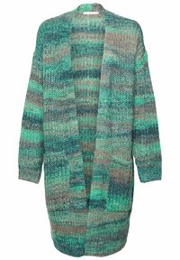 Sweter o robionym na drutach w odcieniach zieleni i brązu, z otwartym przodem, długimi rękawami i fakturowanym wzorem. Wykonany z lekkiej włóczki, luźny krój.