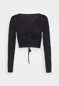 Top nero a maniche lunghe con scollo a V, caratterizzato da dettagli arricciati sul davanti e una chiusura a cravatta sull'orlo. Tessuto a costine.