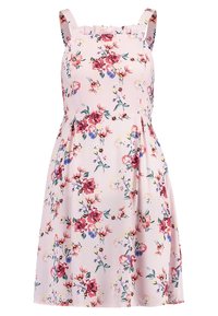 Blumenkleid aus pinkem Stoff, mit weitem Rock, gerafftem Ausschnitt und verstellbaren Trägern; geschmückt mit bunten Blumenmustern.