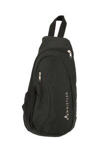 Zaino in tessuto nero dal design elegante, dotato di due tasche con zip, una tasca laterale in rete e una maniglia superiore per un facile trasporto.