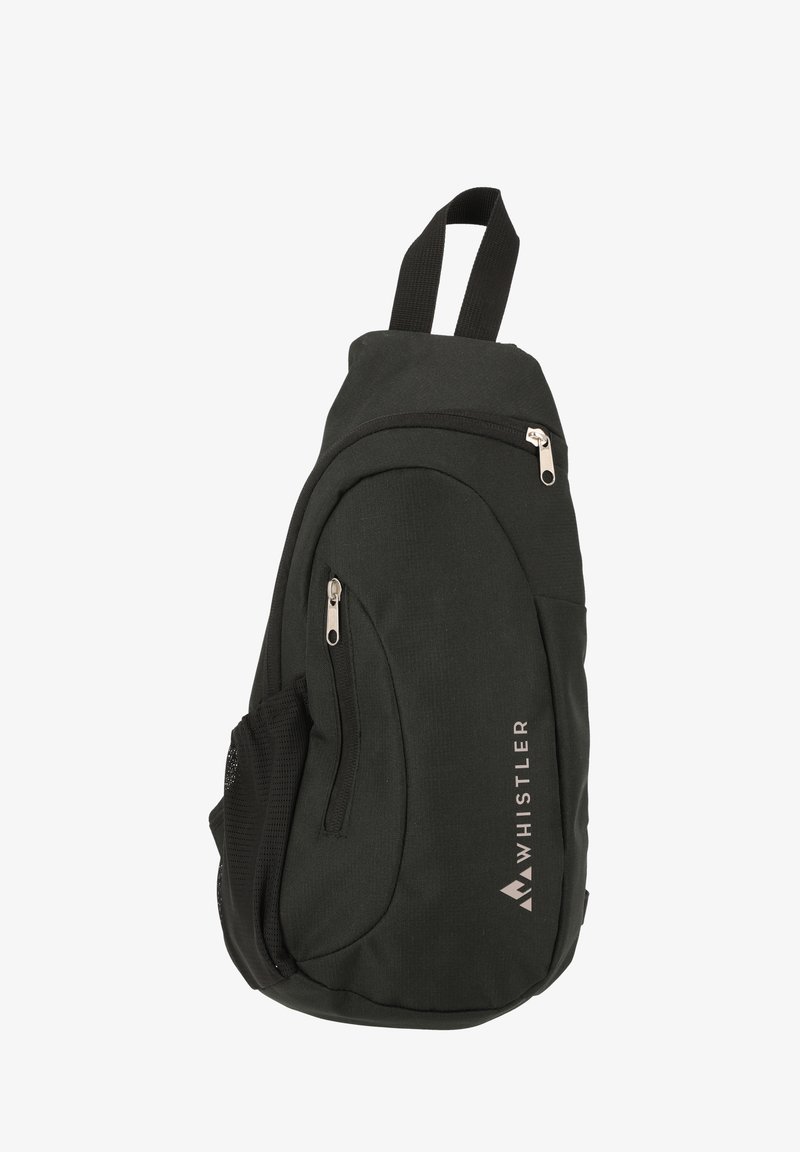 Zaino in tessuto nero dal design elegante, dotato di due tasche con zip, una tasca laterale in rete e una maniglia superiore per un facile trasporto.