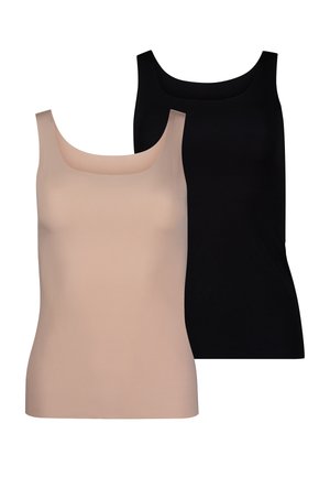 Zwei nahtlose ärmellose Tanktops, eines beige und eines schwarz, vor weißem Hintergrund gezeigt.