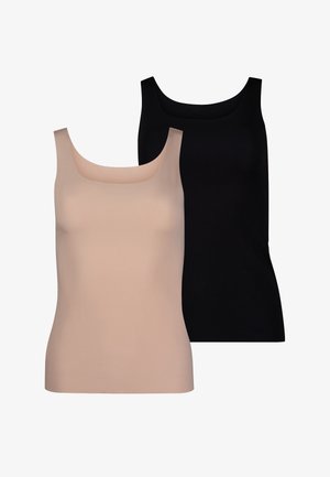Zwei nahtlose ärmellose Tanktops, eines beige und eines schwarz, vor weißem Hintergrund gezeigt.